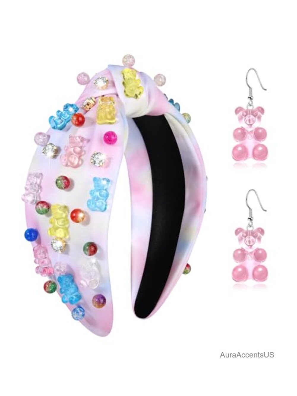 Knotted Headband Women Gummy Bear Lollipop Crystal Embellished Top Knot Wide